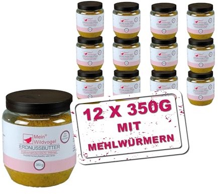 MeinWildvogel Erdnussbutter mit Mehlwürmern 12 x 350g, nährstoffreiches Wildvogelfutter - Fettfutter mit Sonnenblumenkerne für Wildvögel und Gartenvögel. Ganzjähriges Weichfutter für Ihre Vögel