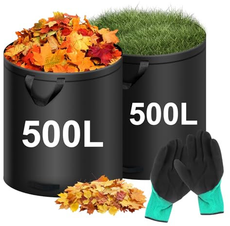 2X 500L Sacs à déchets de jardin, Sacs de jardin réutilisables avec poignées, autoportants, étanches, Sacs de jardin, Sacs à feuilles pliables avec gants,pour déchets de jardin et déchets verts