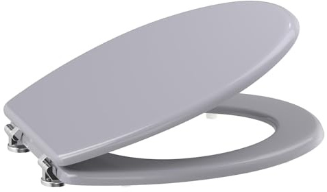 Affine® Toilet Seat Grey Gloss Moulded Wood Round Wooden Bottom Fitting Fixings Traditional Bathroom Durable Hinges Easy Clean Seats for Toilets