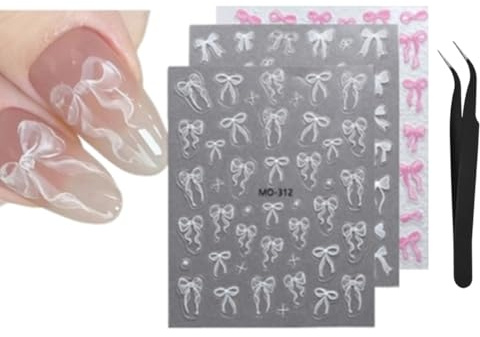 3 Sheets Bow Nail Art Stickers Self-Adhesive Nail Decals White Pink Nail Decals for Nail Nail Art Design Decoration Accessories DIY Manicure for Women Girls (3 Sheets Bow Nail Art Stickers)