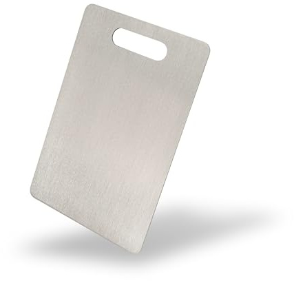 Edelstahl Schneidebrett - Für Fleisch, Fisch & Gemüse - Hygienisches Schneidbrett Metall - Stahl Brettchen Küche Plastikfrei - Küchenbrett (Mit Griff rund, 24x16 cm)
