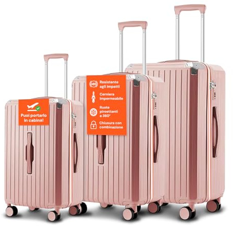 Avilia Set 3 Valigie in ABS Resistente con 3 Altezze 56/66/76cm - le Valigie sono Dotate di Sacca a Rete, Elastico Ferma Indumenti e Cerniera Singola e 4 Doppie Ruote a 360°, Rosa