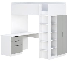 Shefa Kids Hochbett Mit Schreibtisch - Platzsparendes 5-in-1 Hochbett Kinder Mit Treppe, Kleiderschrank, Regal & Arbeitsbereich - Grau, Belastbar Bis 90 Kg, Maße: 206 x 107 cm