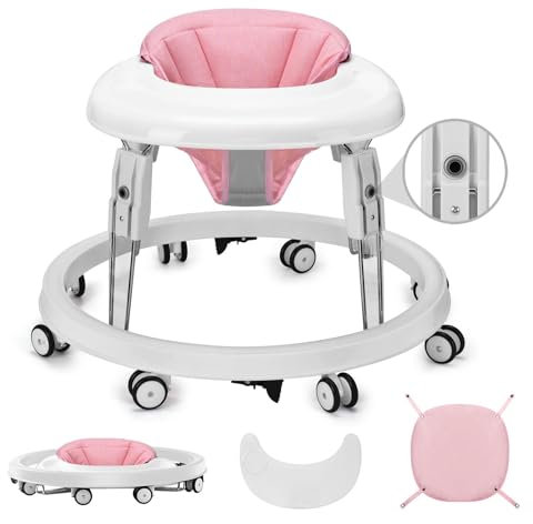 Baby Lauflernhilfe, One-Touch Folding Baby Walker, Lauflernwagen Anti-Roll 8-Rad-Rundfahrwerk, 7-Gang höhenverstellbar, Anti-Collision mit Bremse für von 6-18M (Rosa)