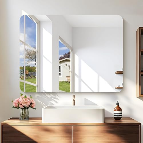 COFENY Spiegel Rahmenlos, 100 × 75 cm Rechteckiger Wandspiegel mit Polierten Kanten, HD Glasspiegel with Runde Ecken, Upgraded Shatterproof Badspiegel für Badezimmer, Schlafzimmer und Wohnzimmer