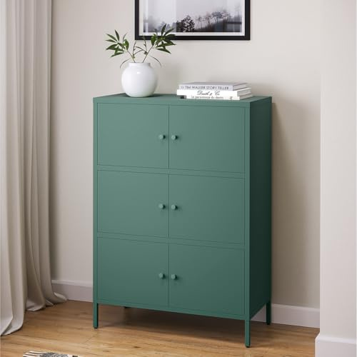 skølm Atriona Metall Kommode – Sideboard mit 3 Fächern & 6 Türen – Metallschrank in Dunkelgrün – Mehrzweckschrank – Highboard 80 cm breit – höhenverstellbare Füße – Aufbewahrungsschrank – Flurschrank