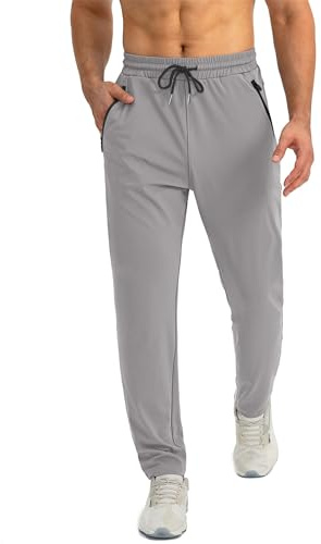 Pantalones elásticos de verano para hombre, pantalones de senderismo, de secado rápido, ligeros, con bolsillos con cremallera, para pesca y jogging, con cintura elástica, Gris Claro, M