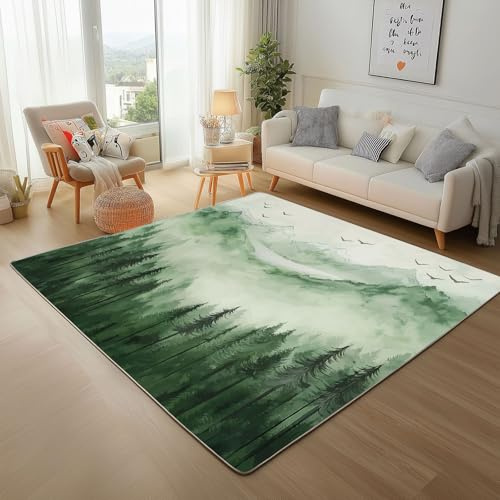 Dyjuaa Nebel Wald Teppich Kurzflor 120x160 cm, Aquarell Natur Landschaft Bettvorleger Weich rutschfest Waschbar, Carpet für Wohnzimmer, Schlafzimmer, Esszimmer, Kinderzimmer