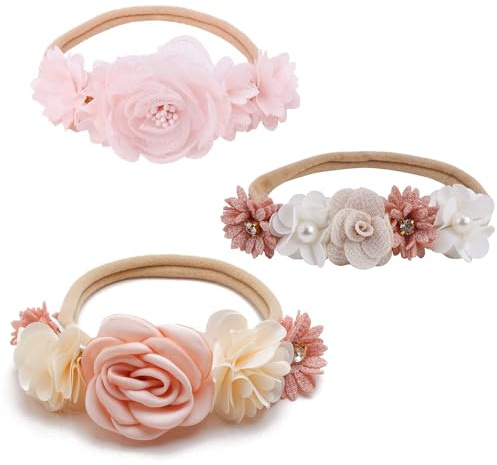 Duoleimi 3 stycken babyhårband, blomma elastiskt hårband för bebisflickor, mjukt pannband för nyfödda och småbarn håraccessoarer