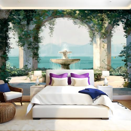 Acquerello Carta da Parati Fontana centrale nel giardino Fotografica 3D Effetto 400x280 cm TNT Murale Decor da Muro Soggiorno Camera da Letto Sala Cucina Camera dei Bambini