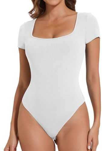 Joyshaper Damen Kurzarm Body Elegant Eckiger Ausschnitt T-shirts Ribbed Leotard Tops Sommer Bodysuit Oberteil Damenbody Stringbody Tanga Weiß-1,M