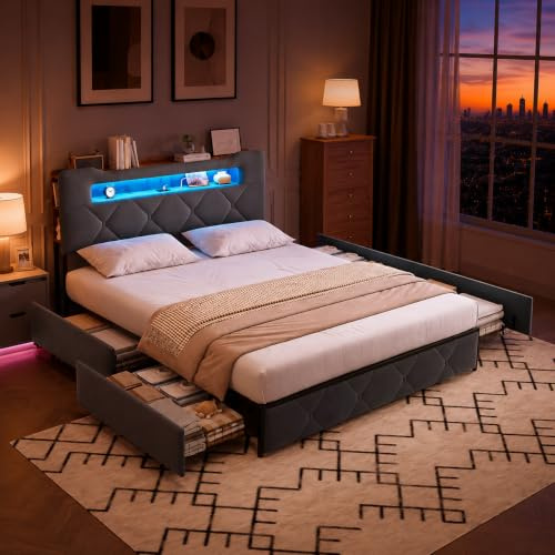 Bettkasten 140x200 cm mit 4 Schubladen, Aufbewahrungsfächern im Kopfteil, Bett 140x200 mit LED- und USB-Lattenrost, gepolstertes Bett mit Stauraum, Doppelbett (Grau-E, 140x200)