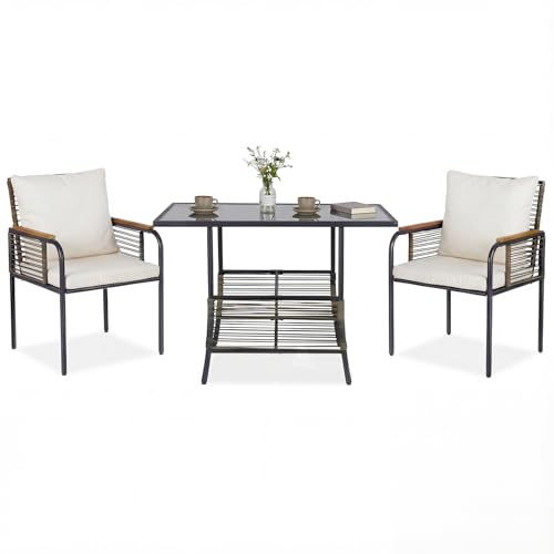 COSTWAY Conjunto de Muebles de Jardín, 3 Piezas de Ratán para Exterior Que Ahorra Espacio con Cojines, Mesa Rectangular de Vidrio y Sillas de Ratán para Balcón, Jardín y Patio (Beige)