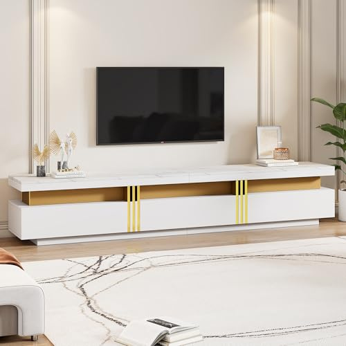 Mueble TV de Madera con Efecto Mármol, Salón, Blanco, 200 x 40 x 42 cm