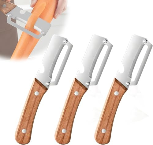 Multifunctional Vegetable Peeler with Wooden Handle and Bottle Opener, 2-in-1 Stainless Steel Blade, Contour-Flow for Kitchen Prep, Camping, Apple Potato Pumpkin Papaya Peeling,3 PCS