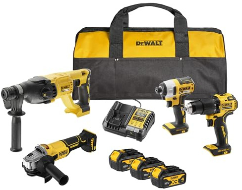 DEWALT Kit Combo 18V de 4 Herramientas (Taladro Percutor Compacto, Atornillador de Impacto, Martillo Rotativo SDS-Plus 18V, Amoladora Angular 125mm) con 3 Baterías de 4Ah en Bolsa Blanda, DCK424M3-QW