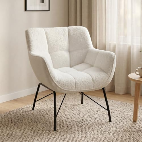 HOMCOM Loungesessel Wohnzimmer Sessel mit Sherpa-Fleece-Optik Cremeweiß | Moderner Lesesessel, Armlehnen, Gebogener Rückenlehne, Stahlbeinen, Bequemer Relaxsessel, Polsterstuhl für Schlafzimmer