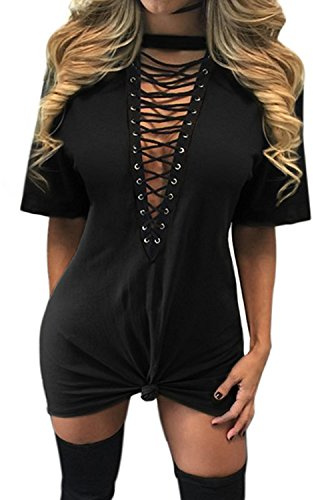 Summer T Shirt Dress, 365-Shopping Women s Short Sleeve Blouse Tops Sexy Deep V Neck Lace Up Mini Dress, M(8-10), Black