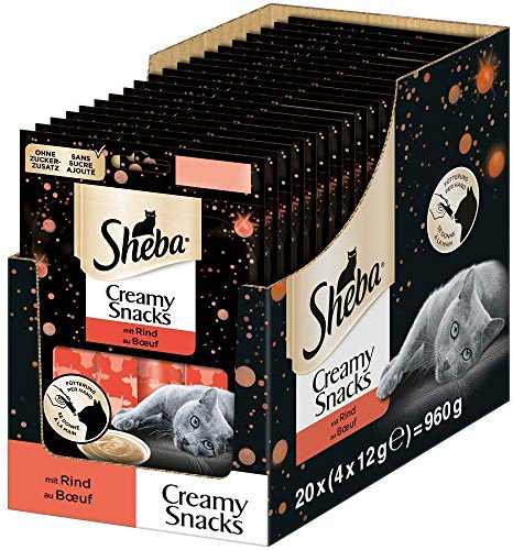 Sheba Creamy Snacks – Cremiges Katzen-Leckerli mit Rind – Praktische Sticks zum aus der Hand Schlecken – 80 x 12g Katzenleckerchen