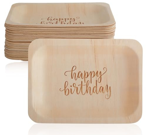 Happy Birthday Disposable Birthday Party Plates – Rustic, Compostable Alternative to Plastic Plates for Birthday Parties (Salad/Dessert, 50-Pack)