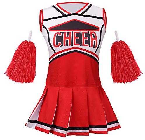 yolsun Cheerleader Costume for Girls, Kids Cheerleading outfit, Child High School Cheer leader Dress up Halloween Party role play Uniform(Red,4-5 Years)
