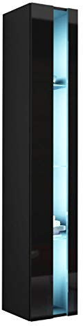 Hängevitrine Vigo New 180, Moderne Vitrine mit Glasböden, Vitrinenschrank, Farbauswahl, Stauraumvitrine Hochschrank, Wohnzimmer Highboard (mit RGB LED Beleuchtung, Schwarz/Schwarz Hochglanz)