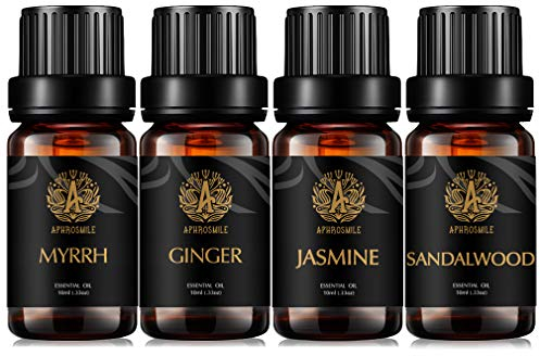 Aromatherapie Sandelholz ätherisches Öl Set für Diffusor, 100% pure Jasmin ätherisches Öl Kit für Candl & Seifenherstellung, 4x10ml therapeutische Grade Myrrhe Öle Set, 100% reine Ingwer Öle Kit