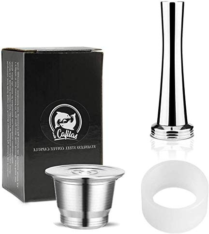 i Cafilas Capsules Nepresso réutilisables, en acier inoxydable, rechargeables, compatibles avec machine Nepresso 【OriginalLine】Dosettes de café réutilisables en métal durable (1 dosette, 1 tampon).