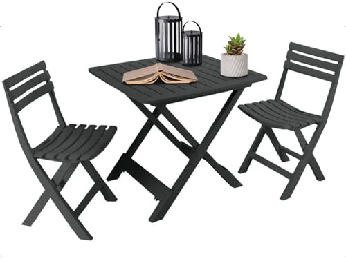 idooka Outdoor Garden Patio Balcony 3 Piece Camping Furniture Set for Two Adults Bistro with Lightweight Folding Collapsible Compact Table 2 Camping Chairs Grain Wood Effect Polypropylene Plastic