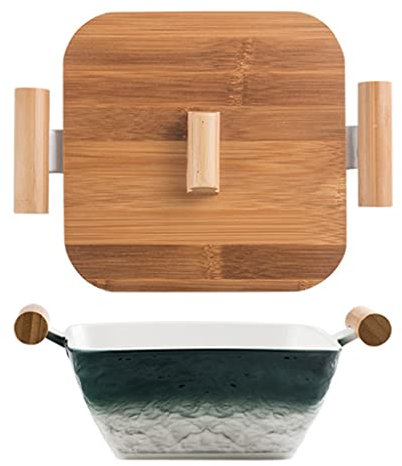 Japanese-style soup bowl double ear with cover bowl restaurant ceramic tableware for Pasta Salad for microwave safe (Color : Green, Size : 1100ml)