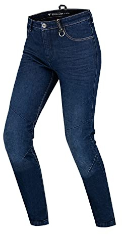 Shima Devon Jeans Moto - Pantalones Jeans Elásticos Ventilados Slim Fit con Refuerzos de FiberQL, Protectores CE de Rodillas y Caderas (Mujer, Azul Oscuro, 28)