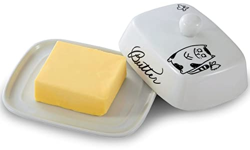 Butterdose mit Griff für 250g Butter, Hochwertige Keramik, Weiß mit Schwarzem Katzenmuster, Porzellan, Klassische Butterdose Butterglocke Butterschale Butterbehälter Butterbox, Spülmaschinengeeignet