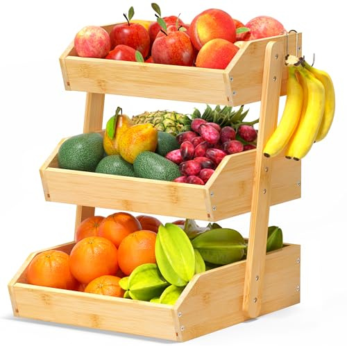 Gmtsl Bamboo Fruit Basket for Kitchen – 3 Tier Fruit Bowl For Kitchen Counter, Large Fruit Holder With 2 Banana Hangers, Idea For Fruit and Vegetable Storage, Bread Basket, Snack Organizer(Bamboo)