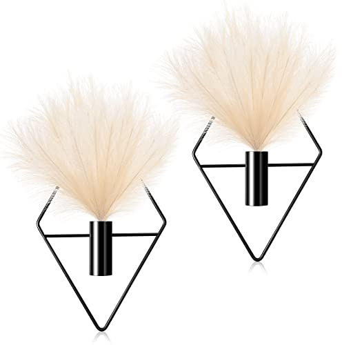 Jexine 2 Pcs Boho Wall Decor Gold Wall Art Hanging Planters with Artificial Pampas Mounted Metal Decor Modern Home Display Art Bedroom Bathroom Living Room(Black)