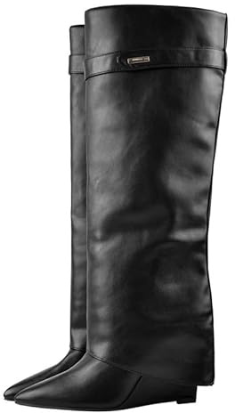 Only maker Botas de mujer Botas largas de cuña con tacón de cuña Botas de punta tacones altos de caña alta, Poliuretano negro., 43 EU
