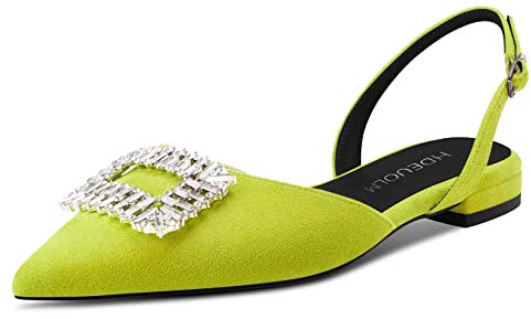 HDEUOLM Mujer Chunky Ancho Bajos Heel Puntiaguada Punta Zapatos Planos Slingback Diamante Cristal Baile Dress Zapatos Verde Lima 35 EU