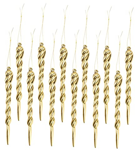ULDIGI Eiszapfen Ornament 12 Stück 13cm Transparent Simulation Leicht Selbstgemacht Hängedeko für Weihnachtsbaum Hochzeit Eisthema Dekoration Goldfarben