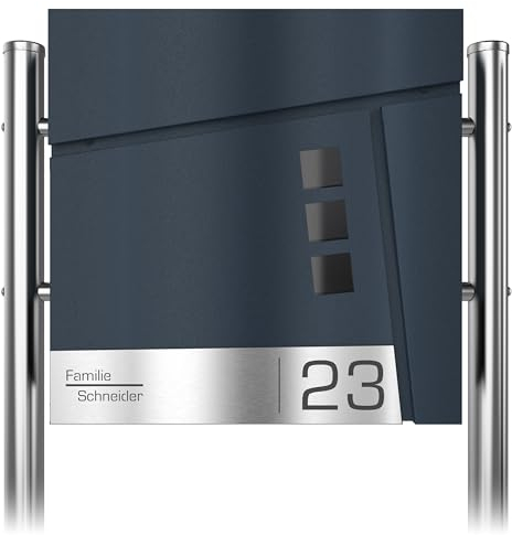 Graviers Design Briefkasten freistehend in Anthrazit RAL 7016 mit Standfuß - Sichtfenster Postkasten personalisiert Edelstahl Namensschild Hausnummer - Briefbox mit Schloss Zeitungsfach