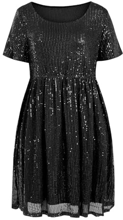Wenrine Women's Sequin Plus Size Mini Dress Short Sleeve Scoop Neck Pleated A Line Cocktail Party Dresses Black