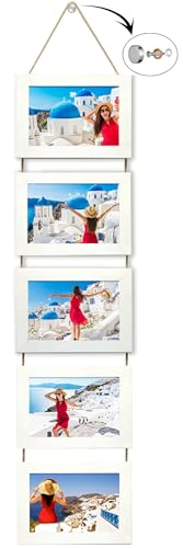 NEOWS Portafotos Múltiple Decorativo para Colgar en Pared - Marcos de Fotos Multiples de Madera Con Cuerda - Collage Portarretratos Colgante - Fotos 10x15 cm (Blanco Rasgado, 5 Fotos Horizontal)