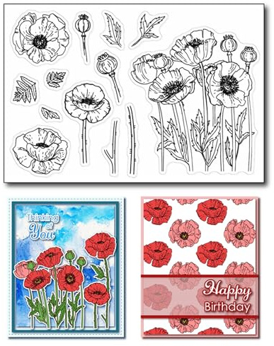 arriettycraft DIY Poppies Flowers Mohnblumen Transparente Stempel für die Kartenherstellung oder Journaling, Blumen Silikon Stempel für Scrapbooking Fotoalbum Papier Basteln Dekoration
