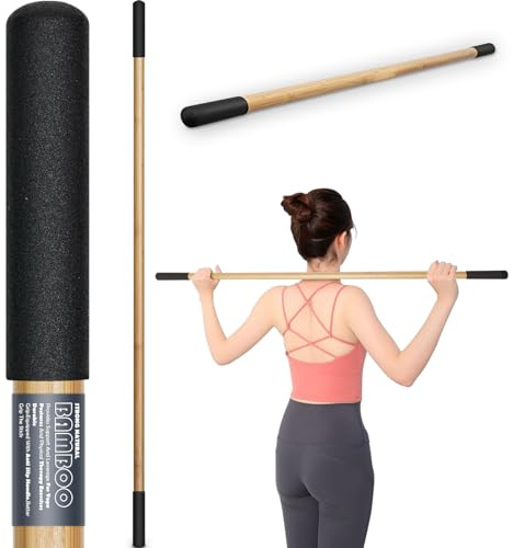 Bamboo Stretch Yoga Stick, 5ft Stick for Physical Therapy, Premium Yoga Dowel with Super Sturdy Rubber Handle Ends, Exercise Bar for Posture Corrector