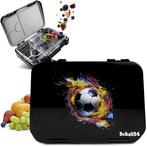 Boks184 Brotdose Kinder mit Fächern - Bento Box auslaufsicher - robust - BPA Frei Lunchbox - Brotbox für Schule, Kindergarten & Ausflüge - Snackbox -Vesperbox (Fussball schwarz)