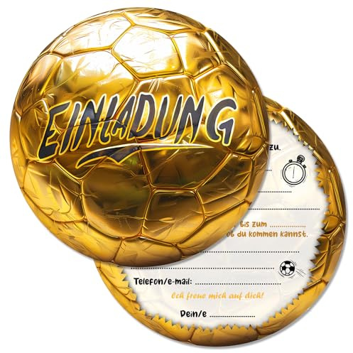 Vielucks® 15 x Fußball Einladungskarten Kindergeburtstag - Φ13.5cm - Original, Einladungskarten Geburtstag für Fußballbegeisterten Jungen und Mädchen, Coole Witzige Rund Fußball Einladung (Gold)