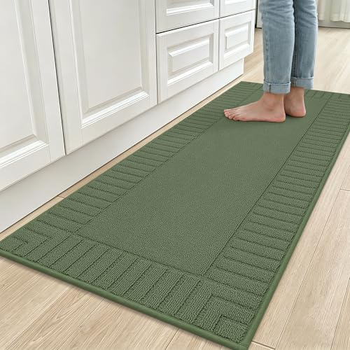 BEQHAUSE Kitchen Rug, Non-Slip and Machine Washable, 60x152cm, Green | Kitchen Mat, Polyester, Stain Resistant, Dirt Trapping For Comfort Standing In Office/Kitchen/Laundry Room, Pet Friendly