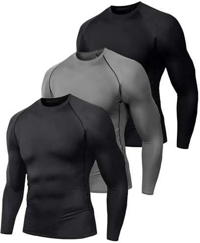 Holure 3 Pack Compression Shirts for Men Long Sleeve Mens Running Top Quick Dry Base Layer Tops for Gym Sports Fitness Workout Black/Grey/Charcoal-2XL