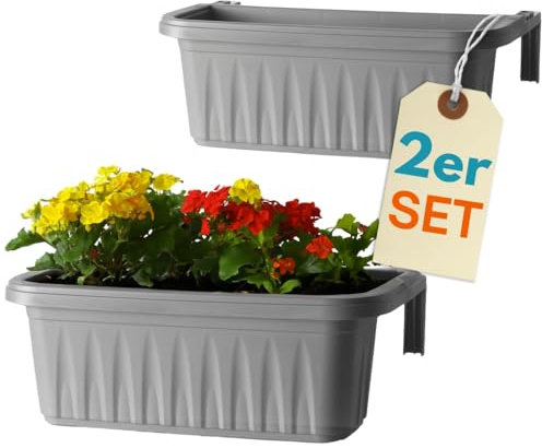GarPet 2er Set Blumenkasten Balkongeländer Balkon Blumenkasten Balkonkasten mit Halterung Balkonkasten Geländerkasten mit Wasserspeicher 50 cm Grau