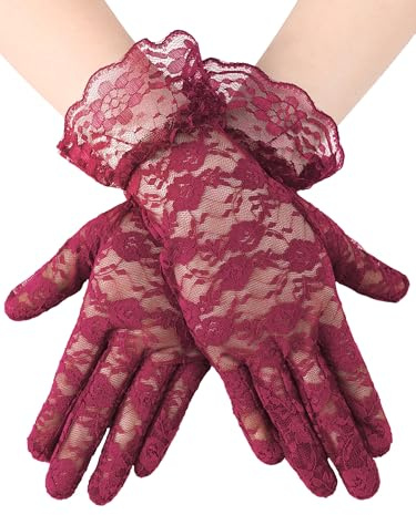 SATINIOR Ladies Lace Gloves for Women Tea Party Elegant Short Courtesy Gloves for Wedding Dinner Opera Parties(Burgundy,1 Pcs)