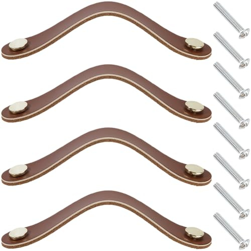 GORGECRAFT 4 Packung 16.8cm Große Schrankgriffe Aus Echtem Leder Handgefertigte Weiche Lederbeschläge Kommoden Dekorationsgriffe Schubladengriffe Küchenschrank Türknöpfe Mit Schraube Für Möbelschränke