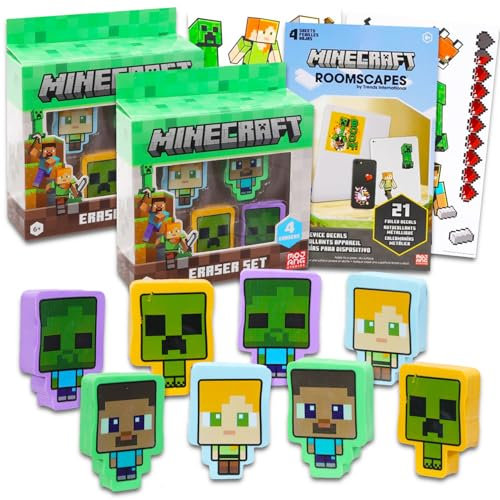 Minecraft Partygeschenk-Set – Paket mit 8 Minecraft Radiergummis mit Creeper, Zombie, mehr plus Minecraft Aufklebern | Minecraft Party Supplies Kit für Kinder, Jungen, Mädchen